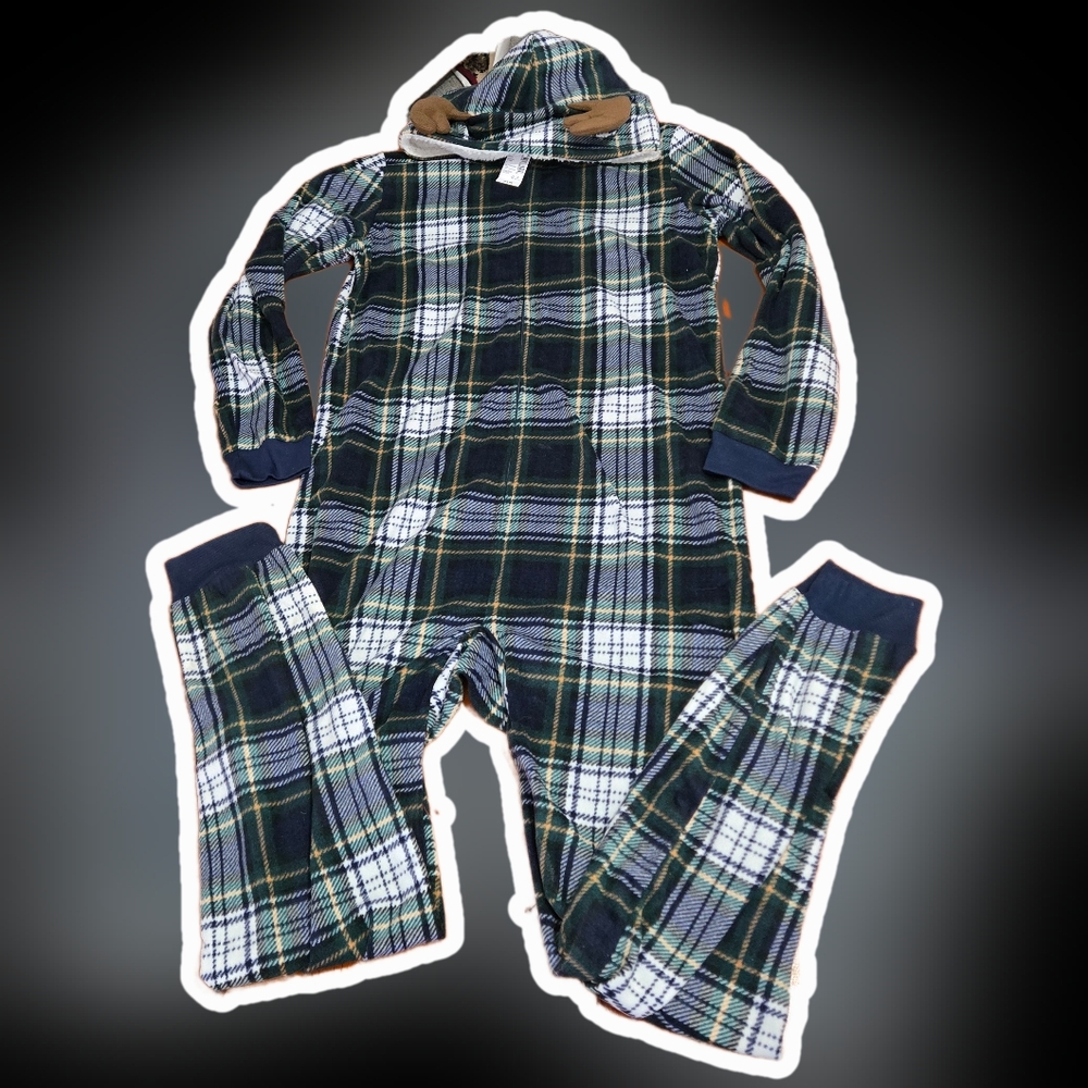 NWT The Childrens Place Adult One Piece Plaid Pajamas With Moose Ears Size Small